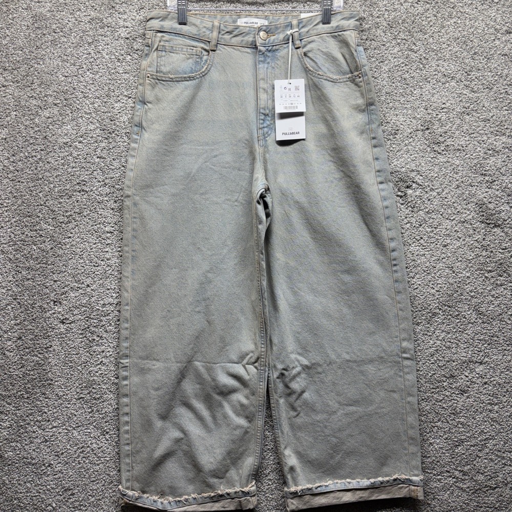 Pull & Bear Women's 8  34x32 Wide-Leg Baggy Oversized Acid Wash Jeans Fringe NWT